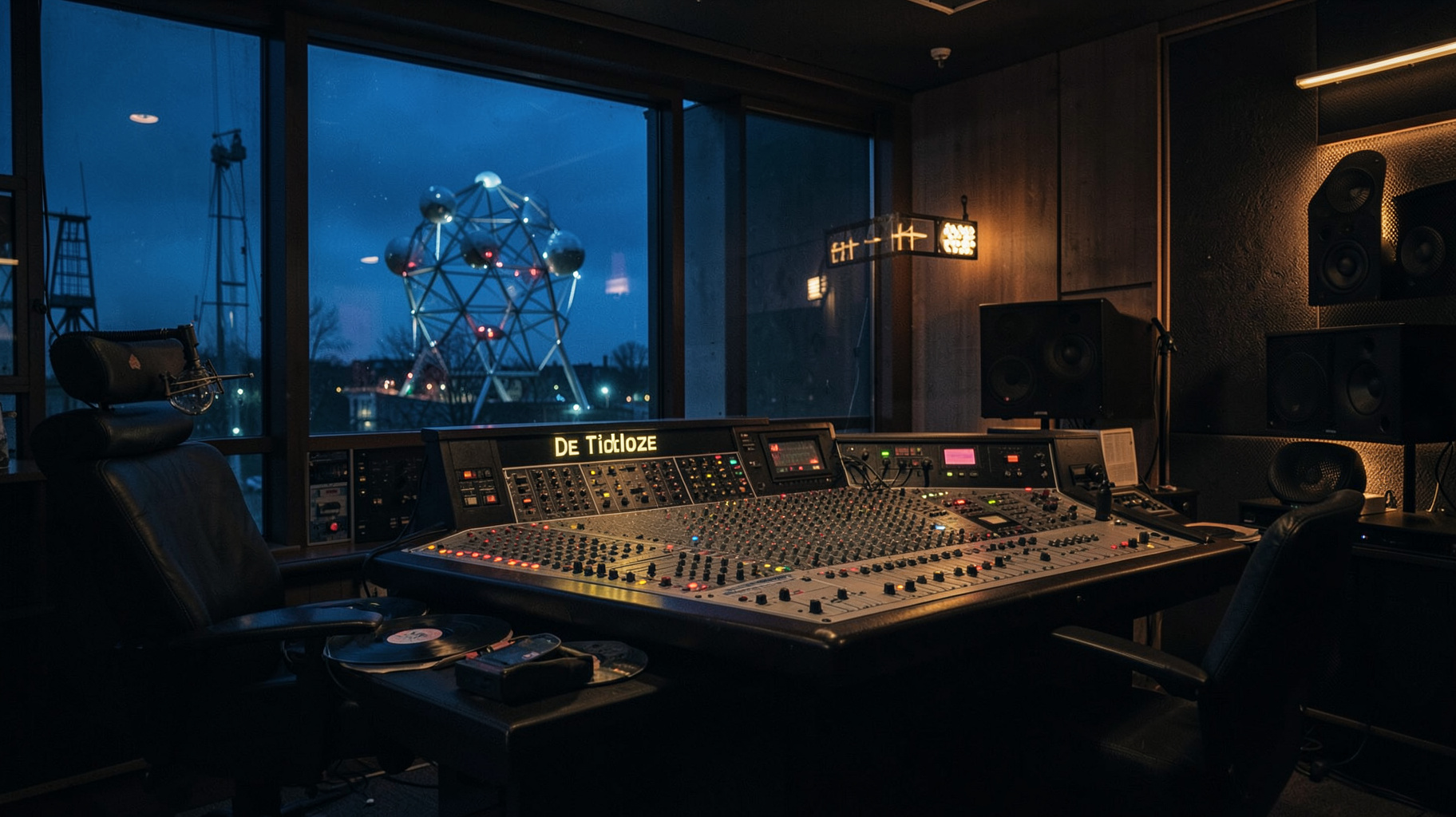 A Brussels radio studio at night with vinyl records and a glowing De Tijdloze sign, the Atomium visible through the window
