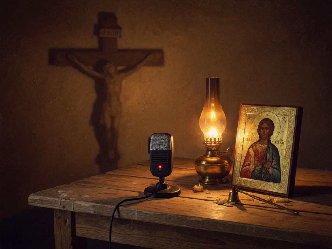 A radio microphone beside a glowing oil lamp and Orthodox icon in a dark chapel interior