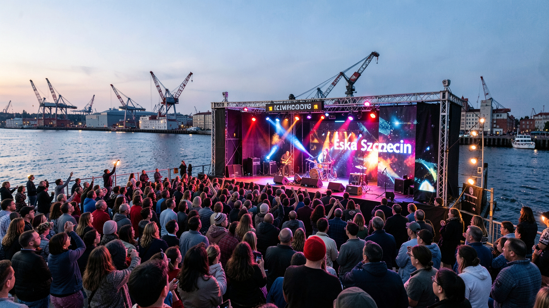 An outdoor waterfront concert in Szczecin, Poland with a stage backdrop reading Eska Szczecin