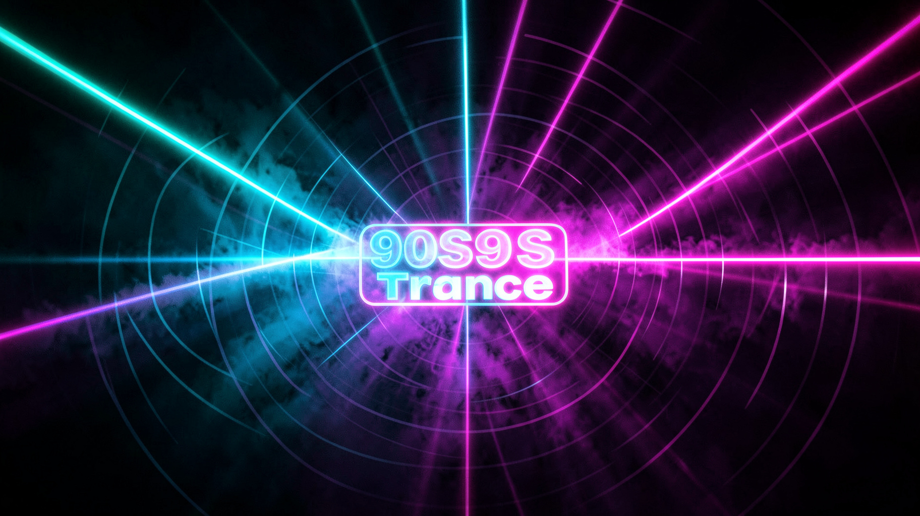 An abstract visualization of 1990s trance music with neon laser beams and a glowing sign reading 90s90s Trance