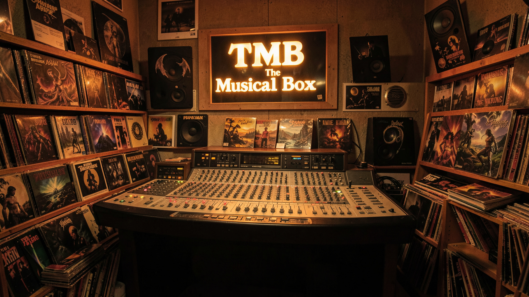 A vintage 1990s radio studio in Buenos Aires filled with progressive rock vinyl records and a glowing sign reading TMB The Musical Box