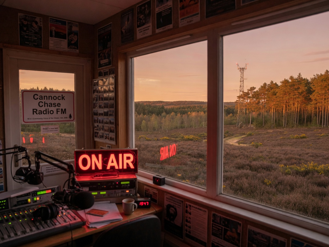 A small community radio studio overlooking the heathland and pine forest of Cannock Chase in Staffordshire, England at golden hour, with a sign reading Cannock Chase Radio FM