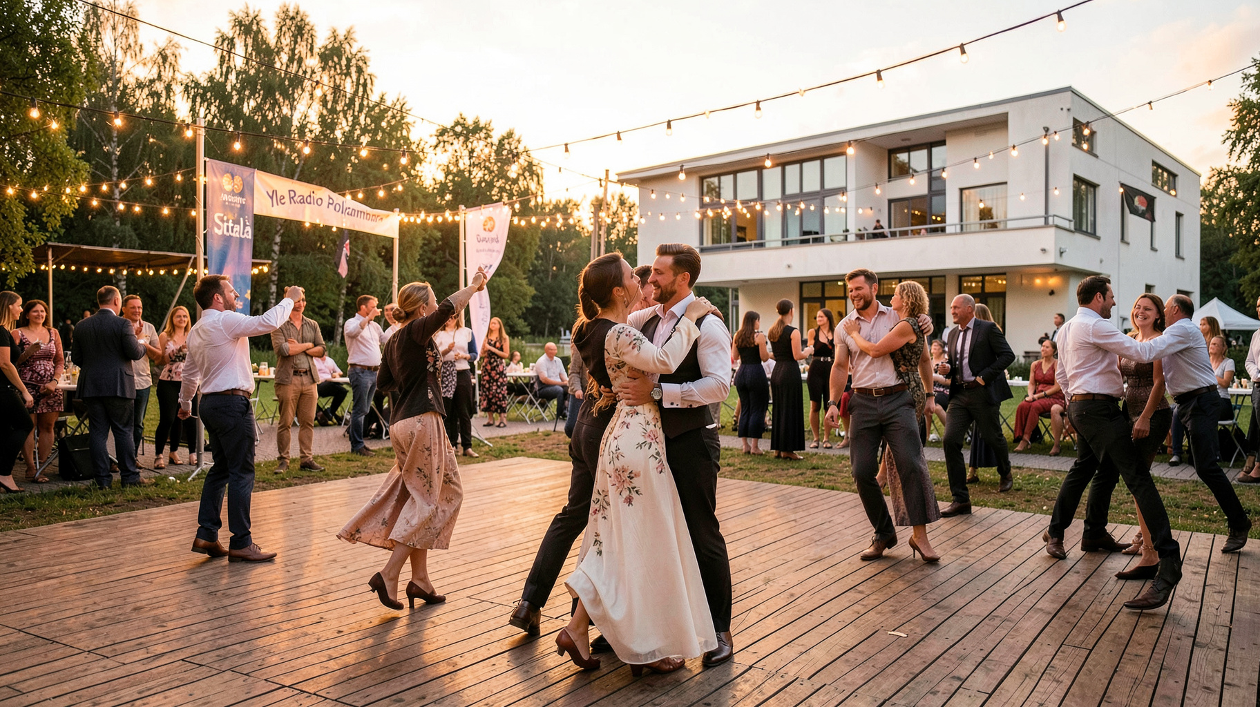 An outdoor tango festival in Seinäjoki, Finland with a banner reading Yle Radio Suomi Etelä-Pohjanmaa