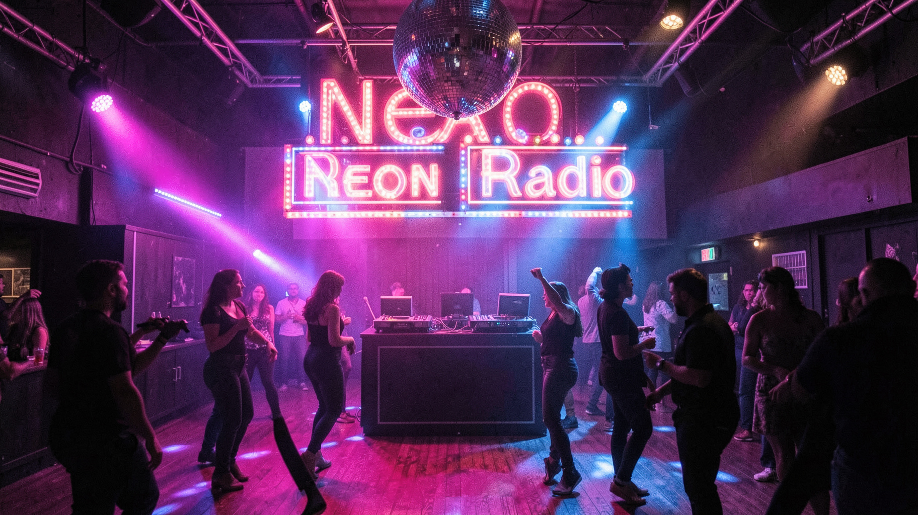 A retro British nightclub dance floor glowing with neon lights under a sign reading Neon Radio