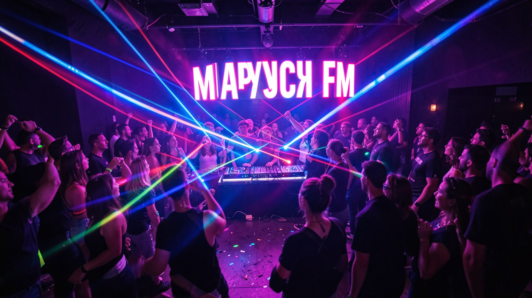 A vibrant nightclub dance floor with laser lights and a glowing Marusya FM sign