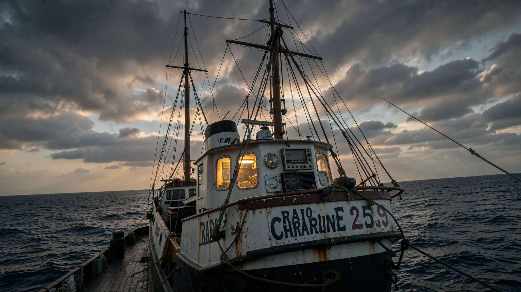 A vintage pirate radio ship at sea with a sign reading Radio Caroline 259