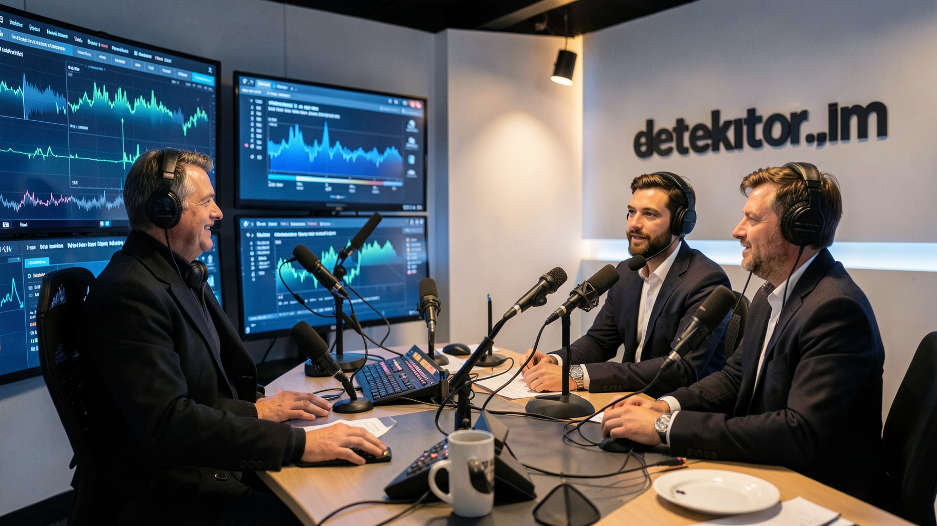 A modern German podcast and radio newsroom in Leipzig with a sign reading detektor.fm