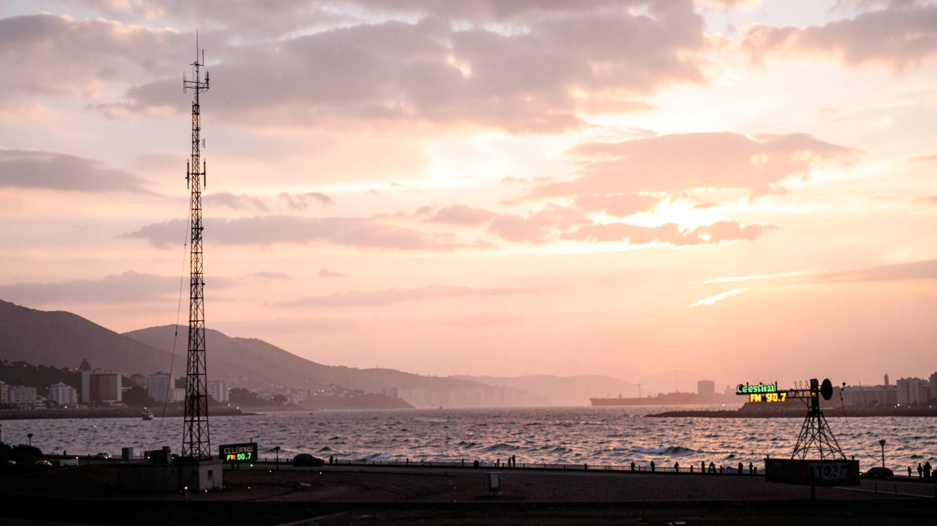 Sunrise over the Montevideo coastline with a radio tower and a sign reading Celestial FM 90.7, inspired by Celestial FM Uruguay 90.7