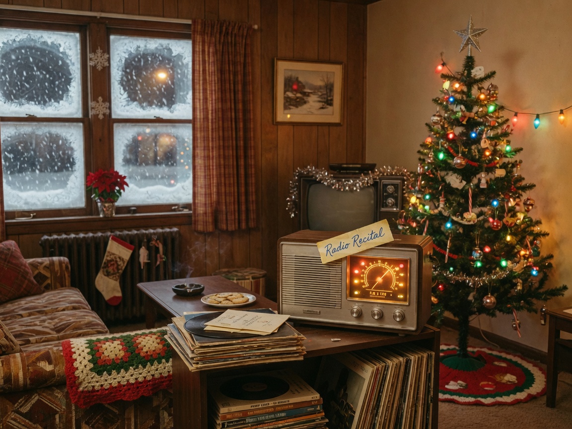 A cozy vintage 1970s living room with a glowing analog radio on Christmas Eve