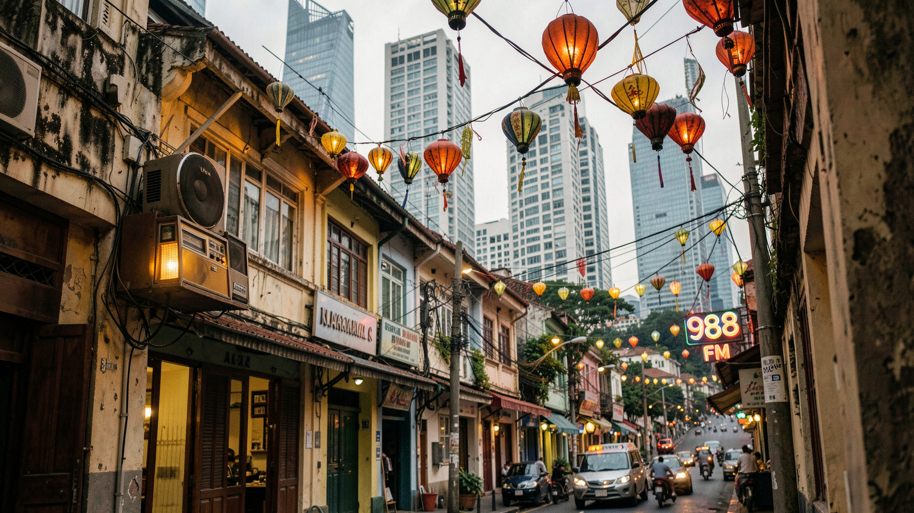 A Kuala Lumpur street blending old shophouses with modern skyscrapers, a vintage cable radio speaker glowing beside a neon sign reading 988 FM