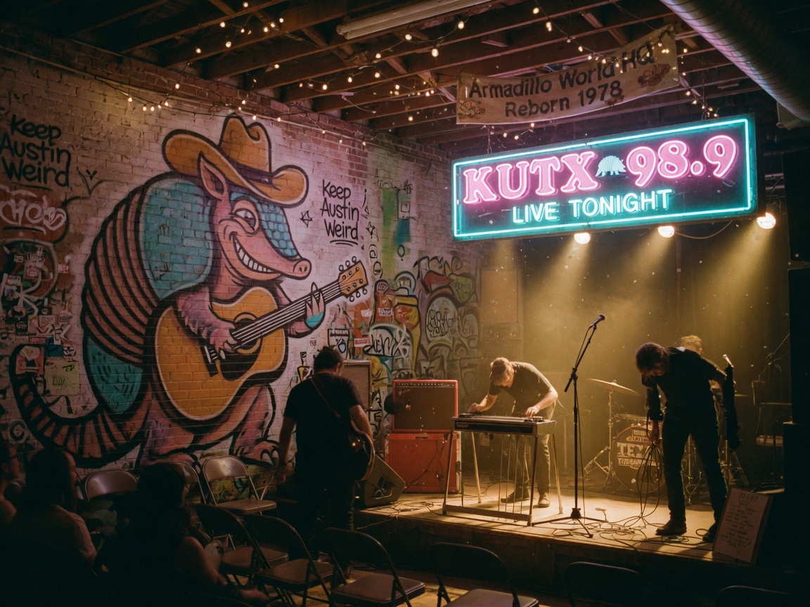 A vintage Austin concert hall interior with an armadillo mural, string lights, and a glowing KUTX 98.9 neon sign above the stage