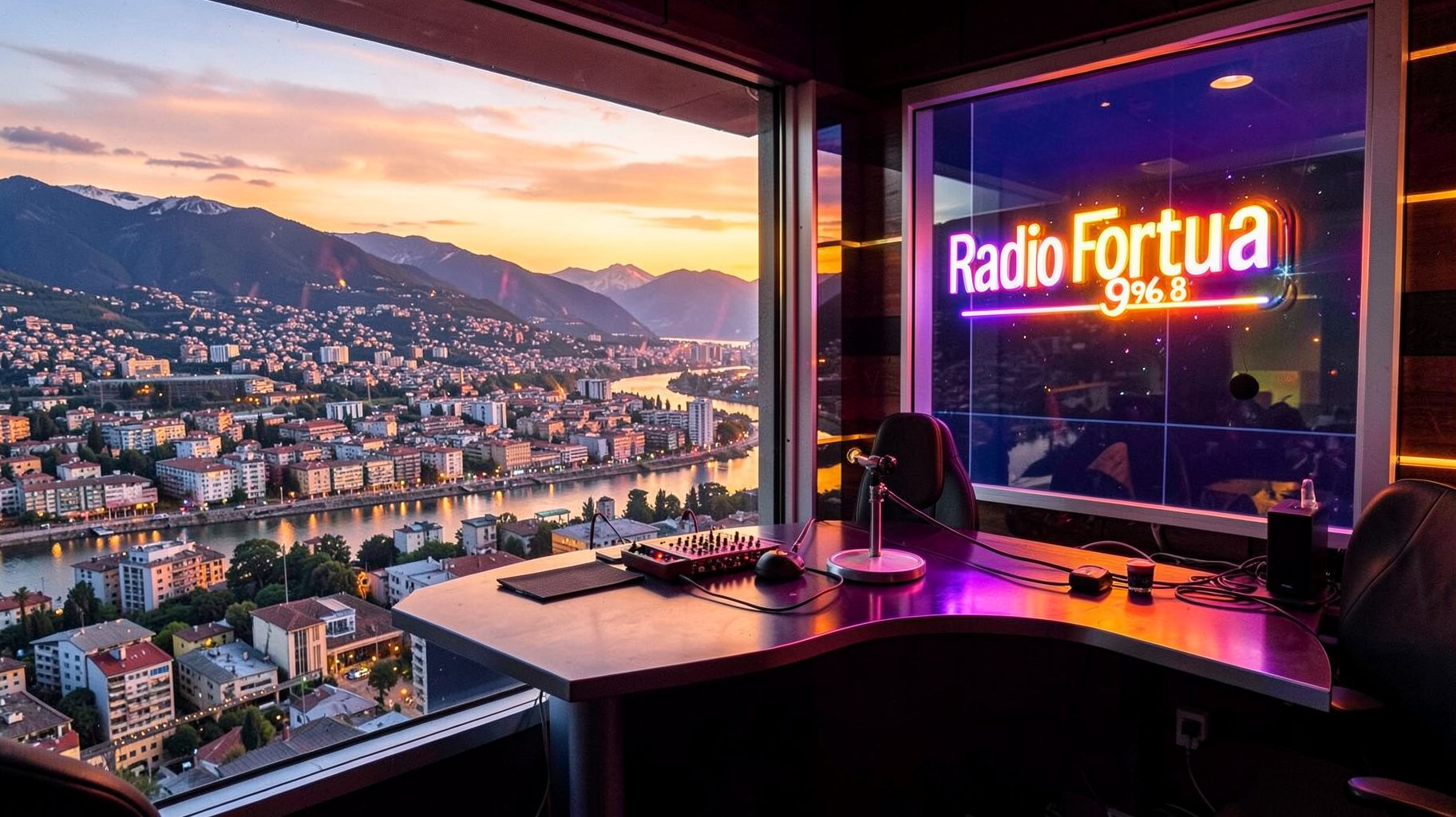 A radio studio overlooking the Skopje cityscape at sunset with a sign reading Radio Fortuna 96.8
