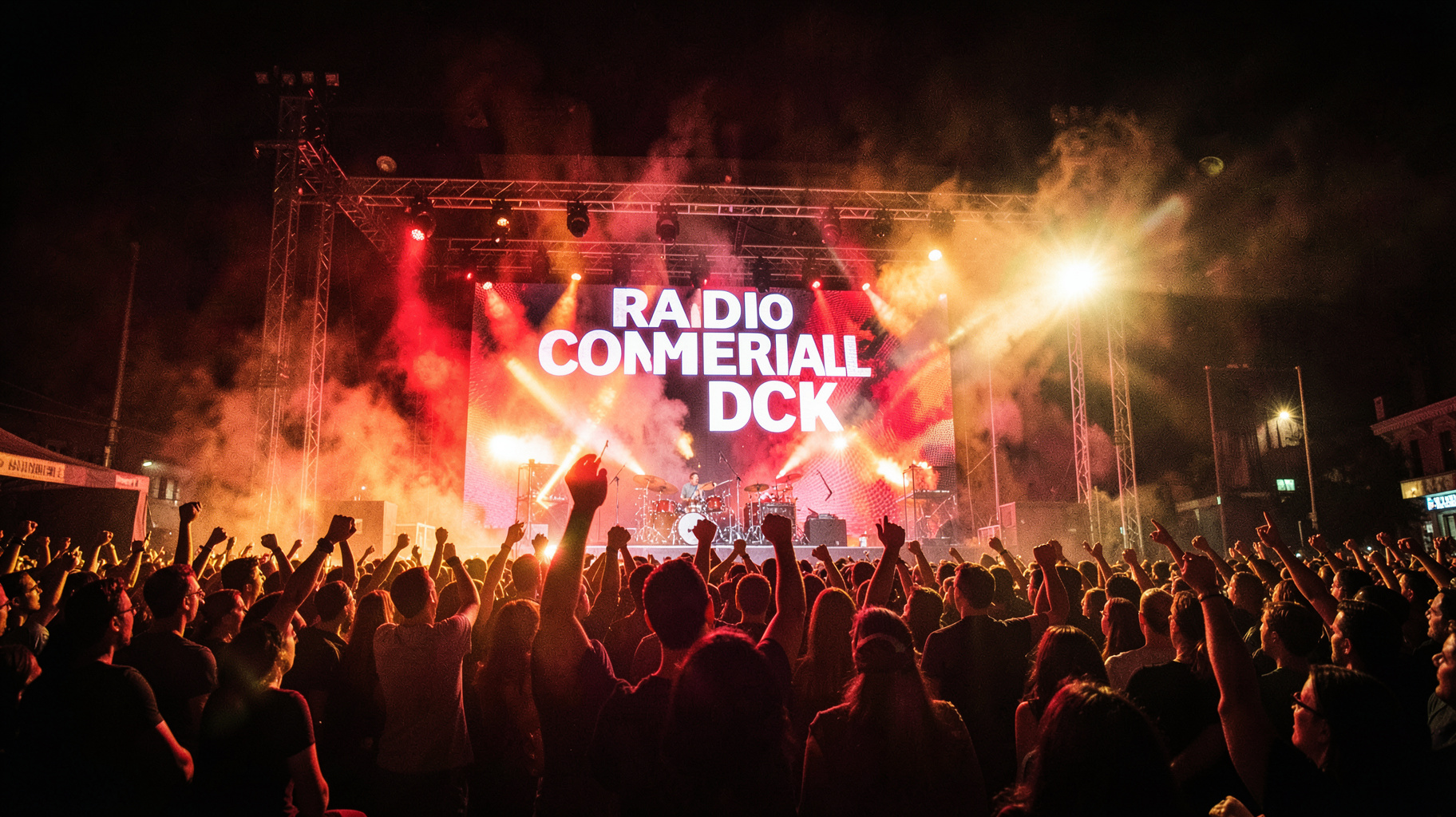 Rock concert crowd in Lisbon with a stage backdrop reading Radio Comercial Rock