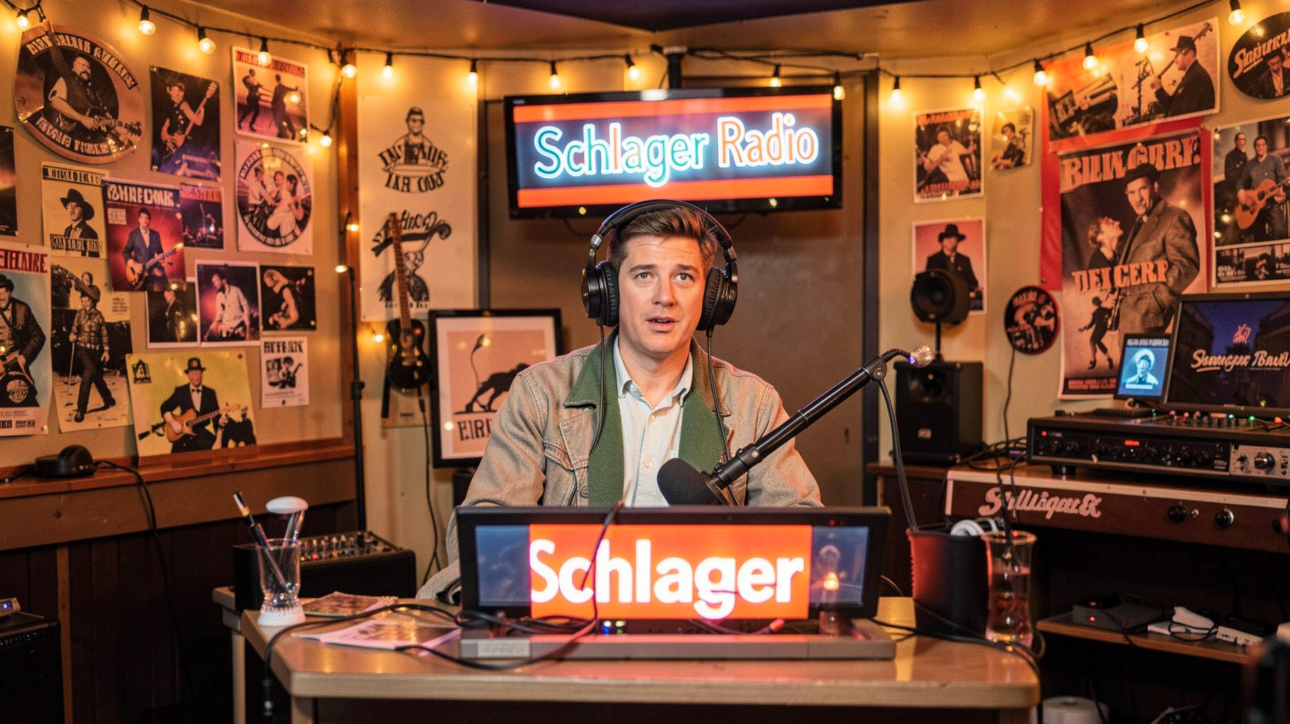 A lively Berlin radio studio decorated for German Schlager music with a glowing Schlager Radio sign
