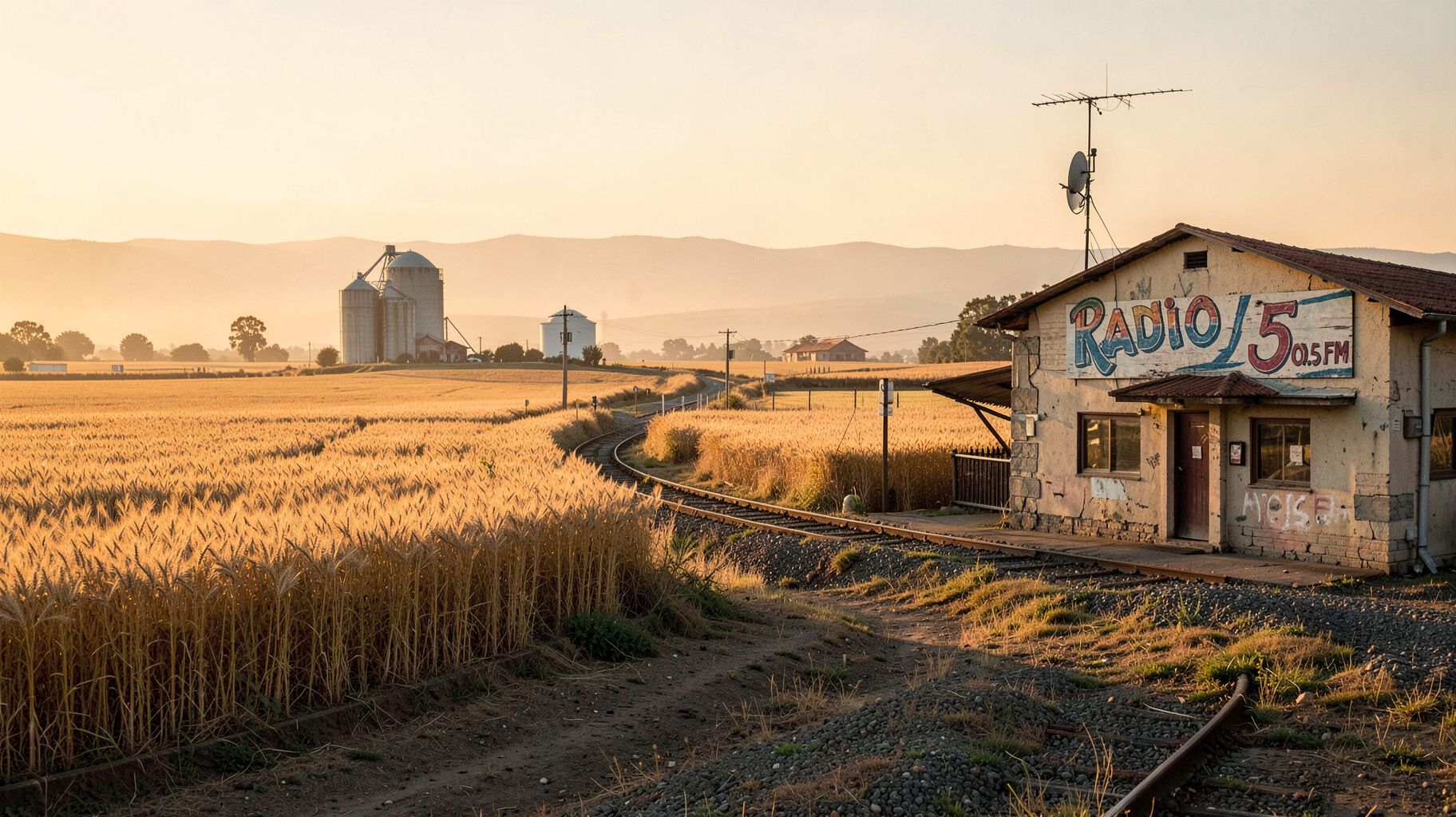 Sunrise over the pampas near General Pico with a rural radio studio sign reading Radio 5 100.5 FM