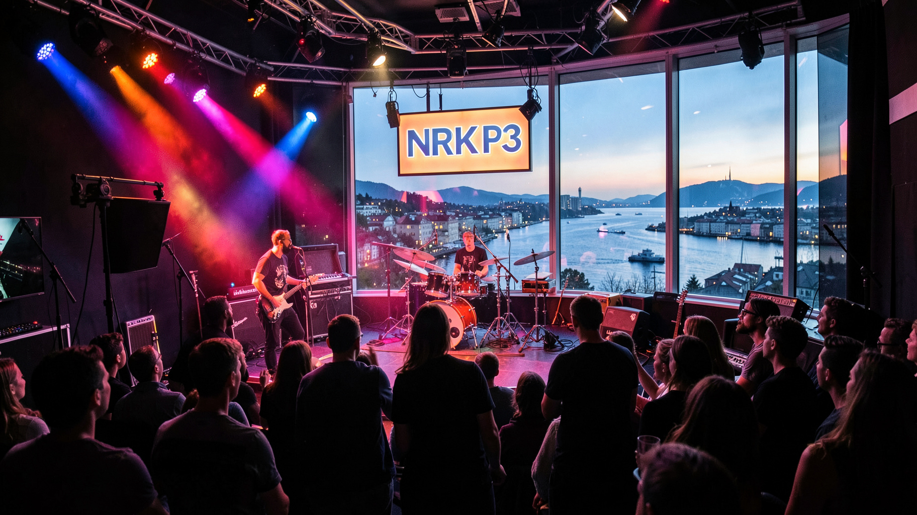 A lively concert stage inside a radio studio with the Oslo skyline visible and a sign reading NRK P3