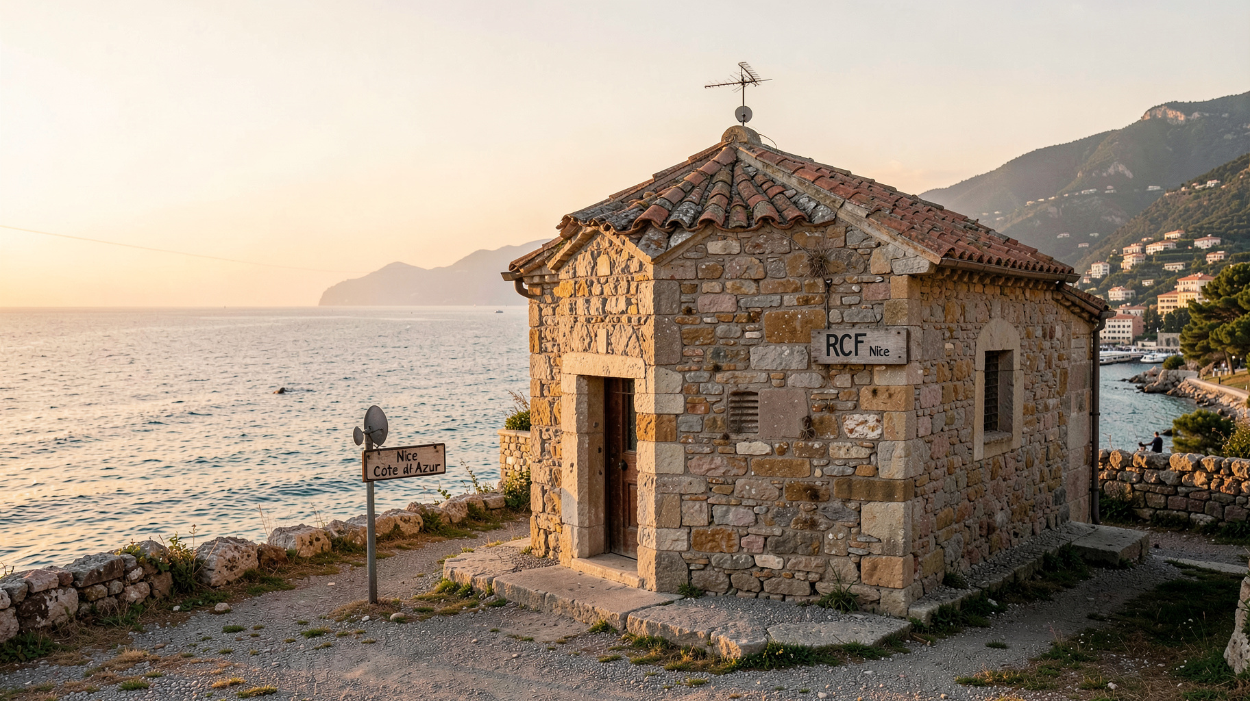 Stone chapel on the French Riviera coastline at golden hour