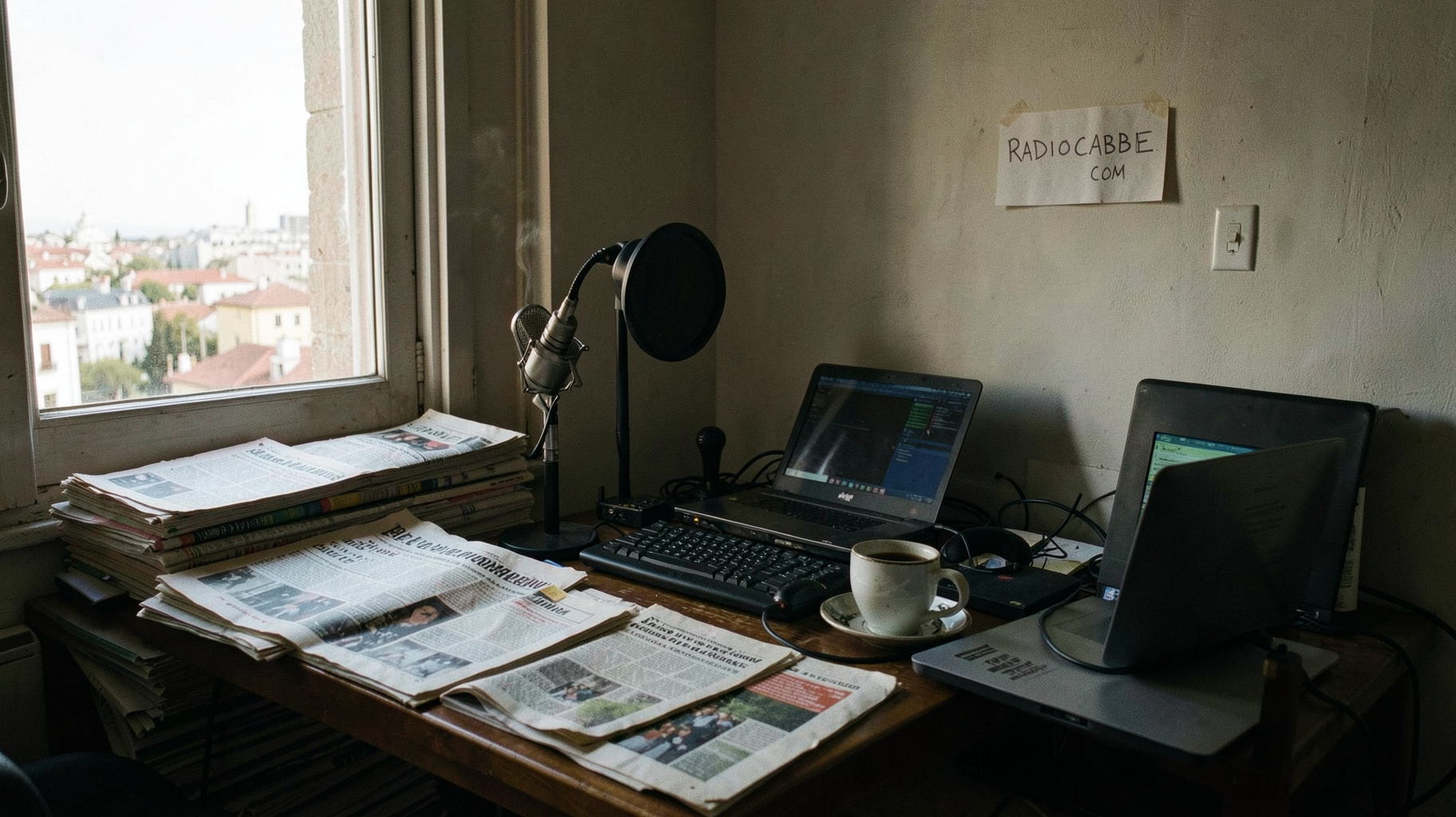 A home radio studio with newspapers, representing Radiocable