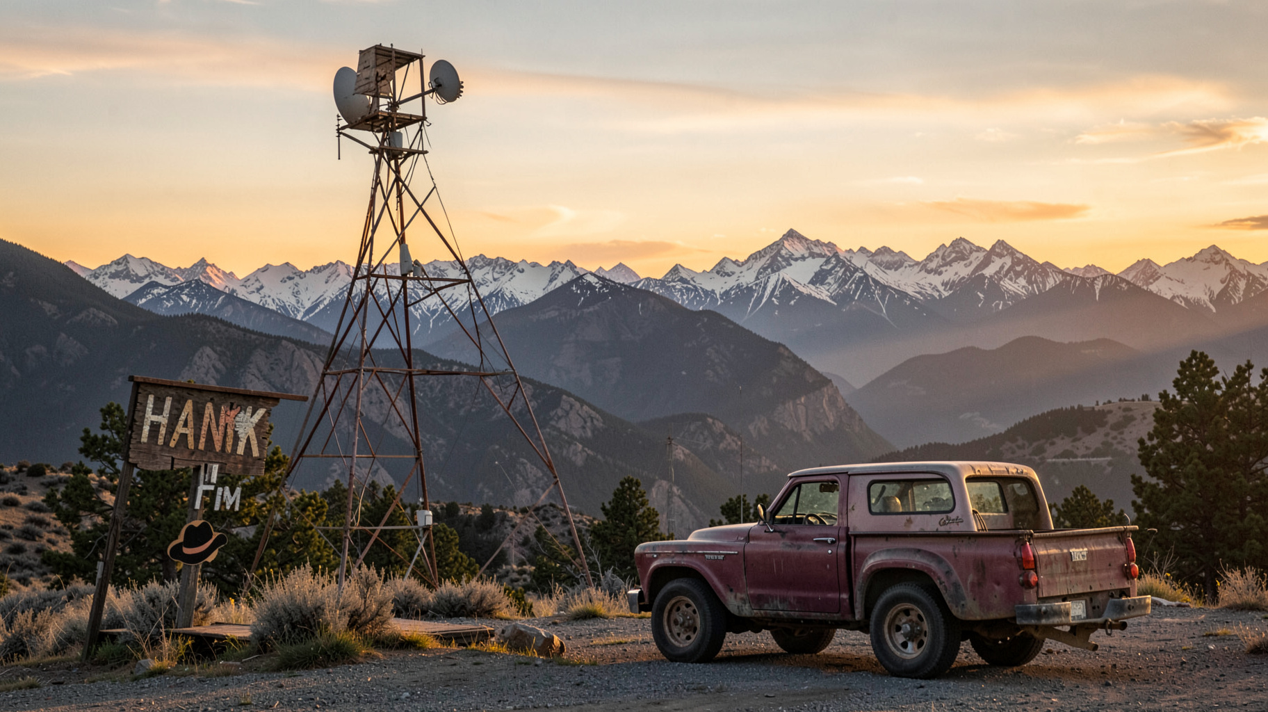 A country radio broadcast tower at sunset atop a mountain ridge near Salt Lake City with a weathered Hank FM sign