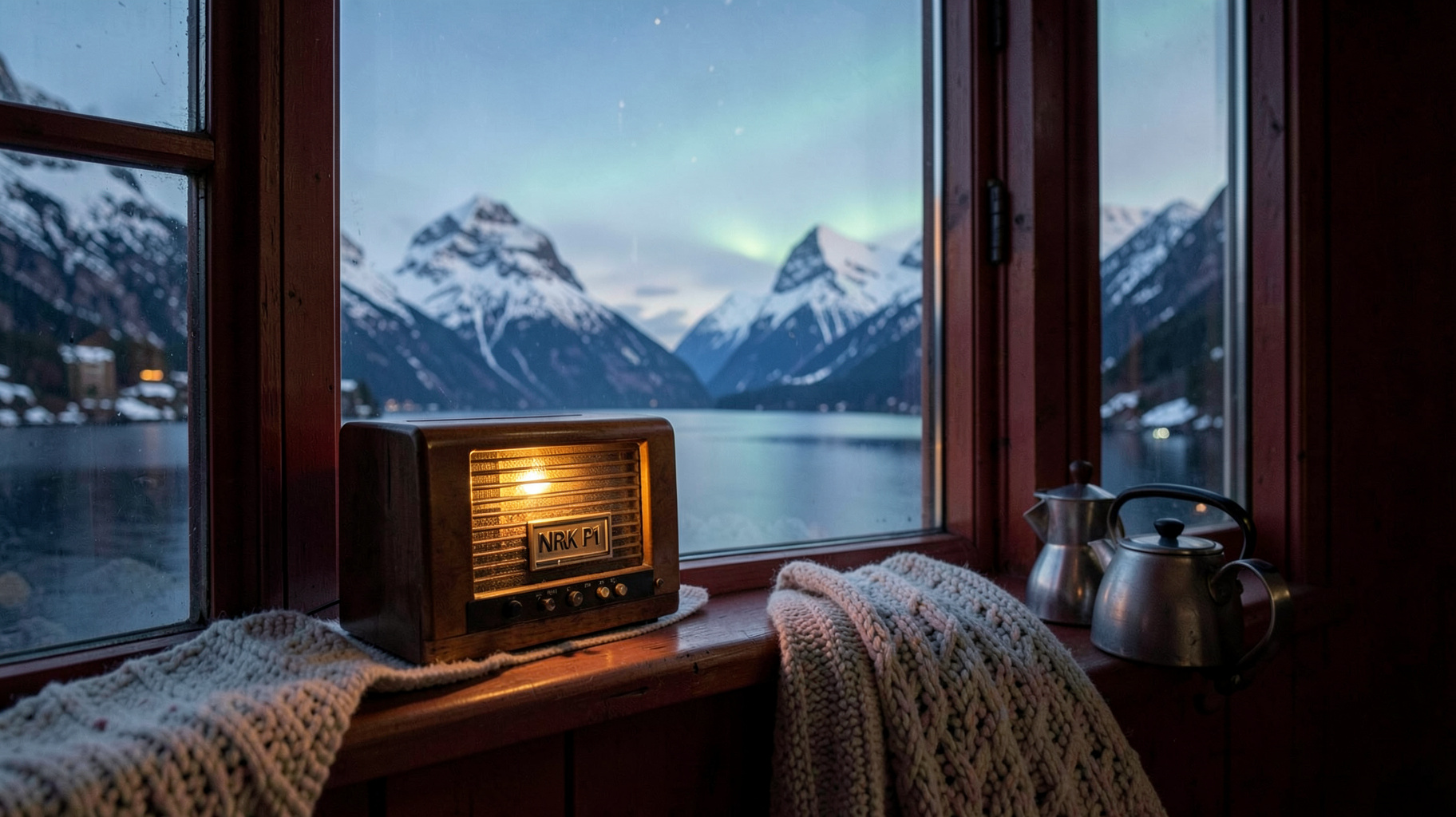 A cosy Norwegian fjord cabin with a glowing vintage radio bearing an NRK P1 badge