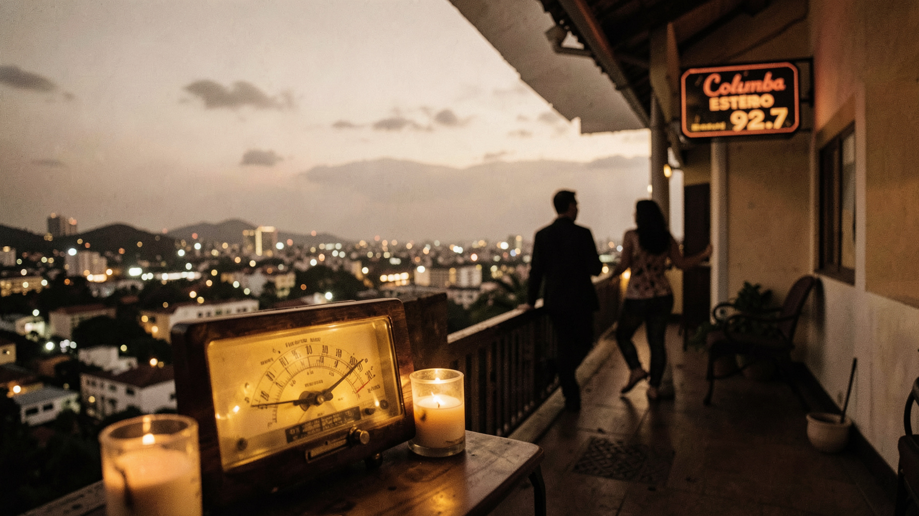 A candlelit San Jose balcony at dusk with a vintage radio and a sign reading Columbia Estereo 92.7