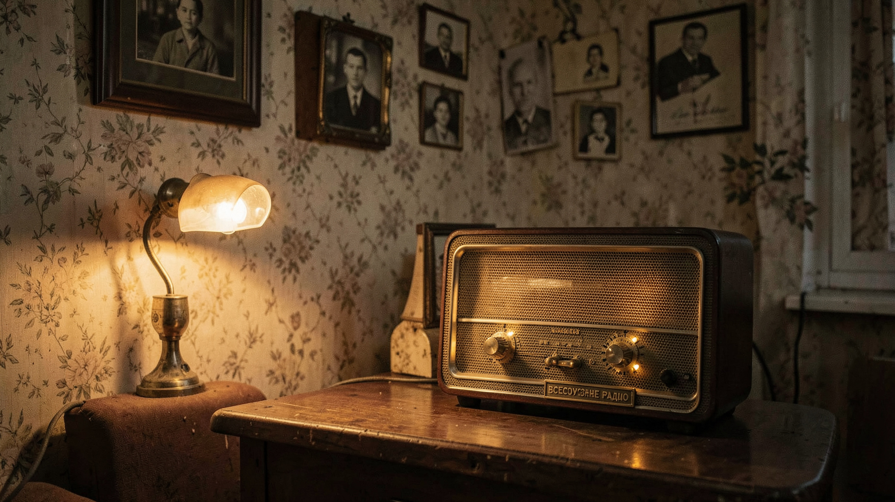 A nostalgic Soviet-era living room with a glowing vintage tube radio labeled Vsesoyuznoe Radio