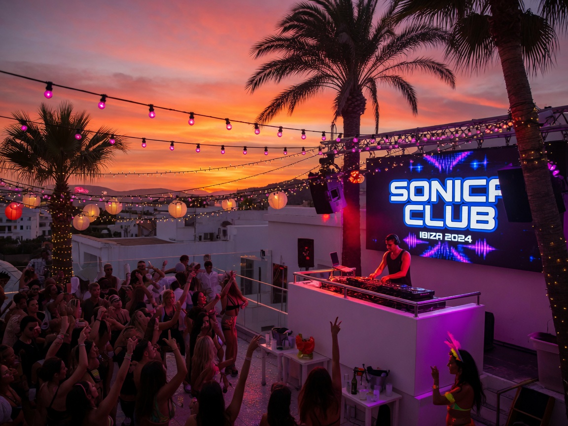 A packed open-air nightclub terrace in Ibiza at sunset
