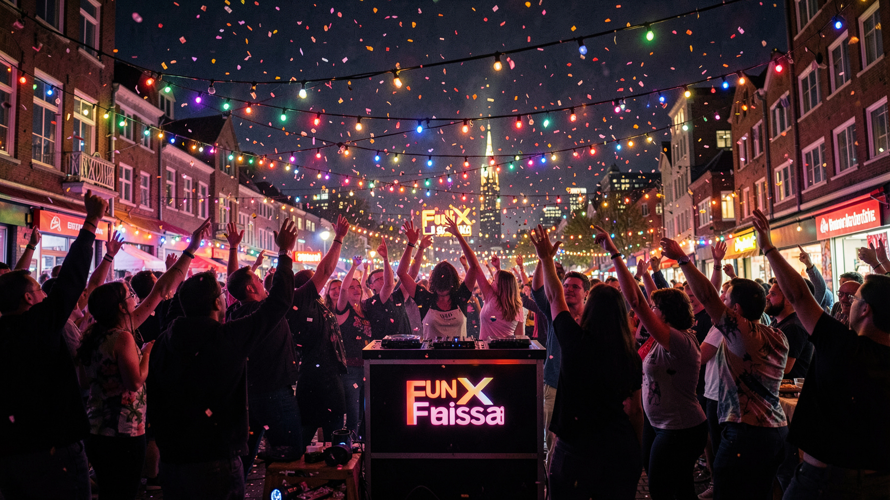 Vibrant multicultural street party at night with a DJ booth