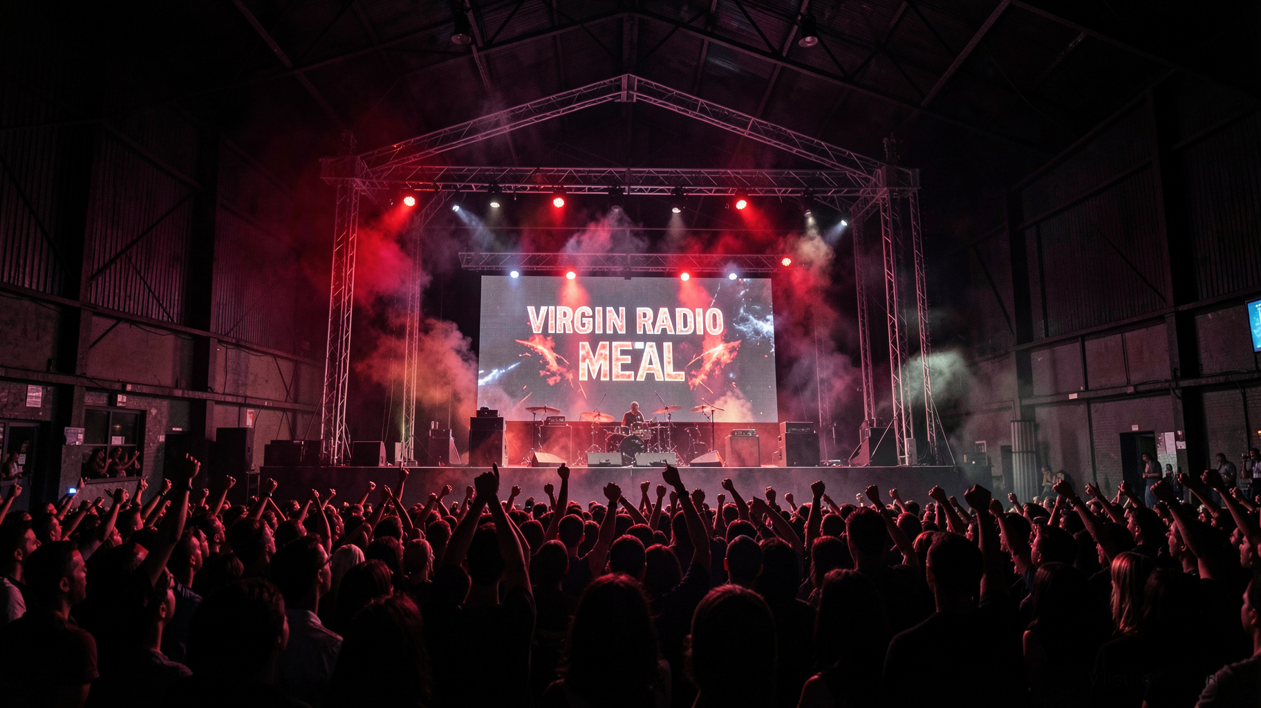 Industrial warehouse metal concert in Villeurbanne with a Virgin Radio Metal LED screen