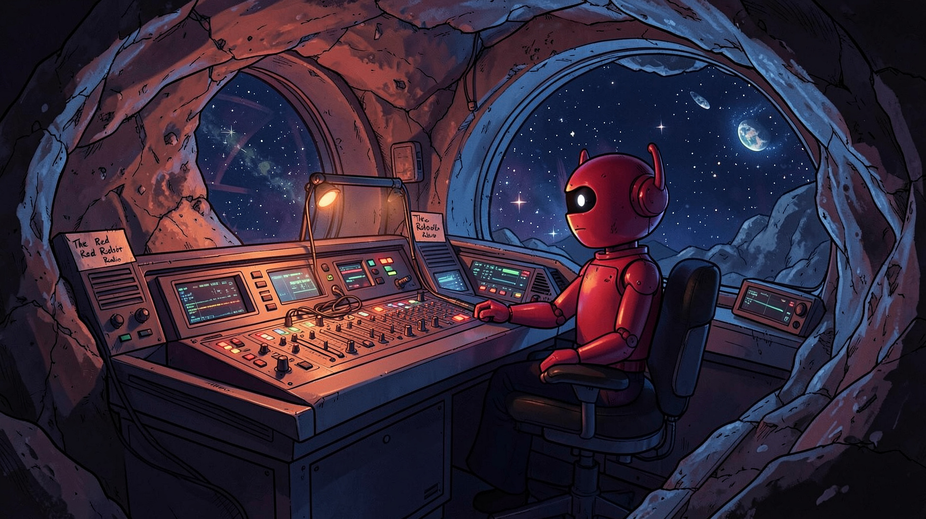 A retro-futuristic radio booth inside an asteroid with a small red robot host at a mixing desk, sign reading The Red Robot Radio