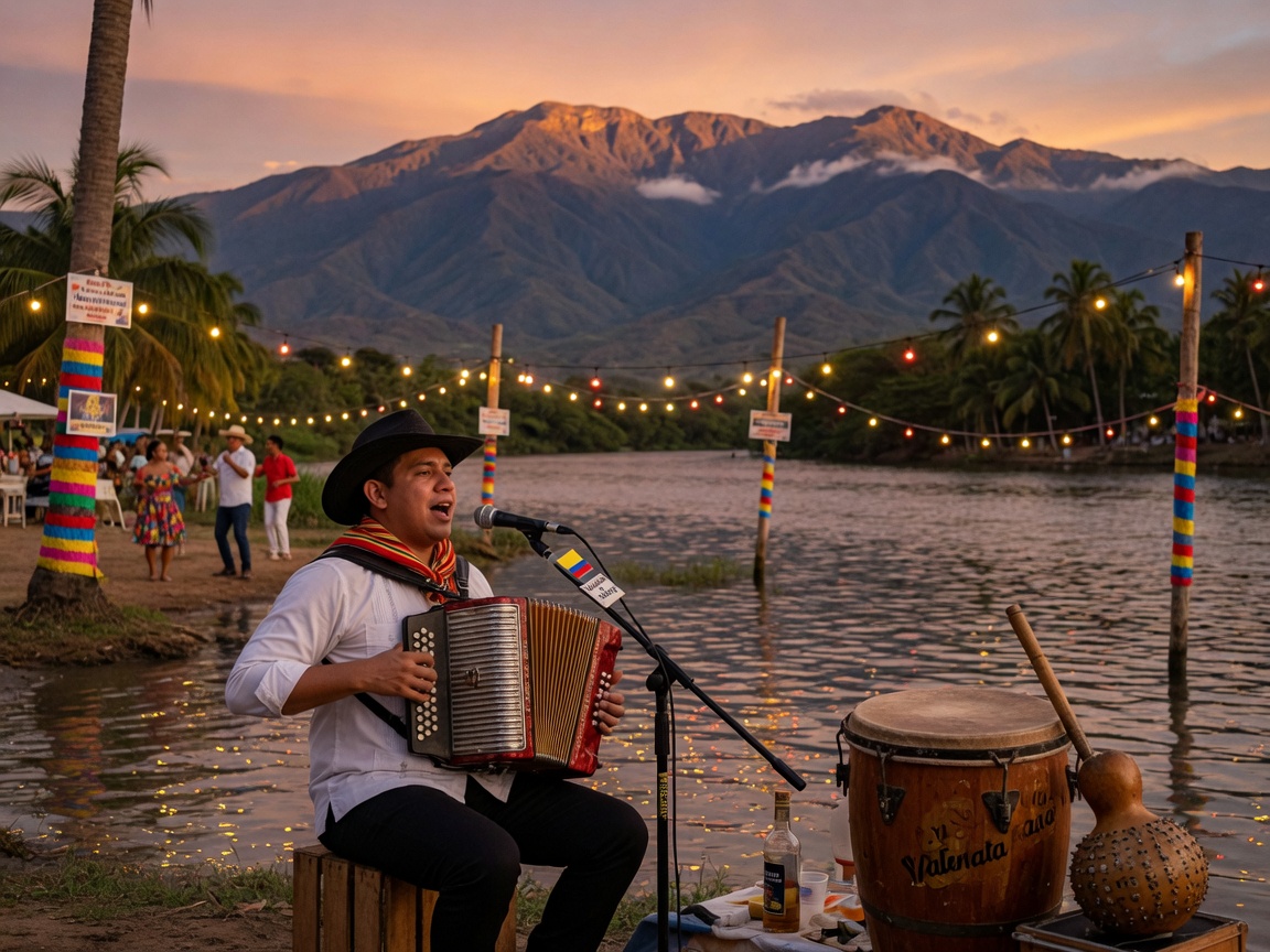Vallenato accordion player at dusk on the Guatapurí River banks with the Sierra Nevada mountains behind, inspired by Radio Guatapurí