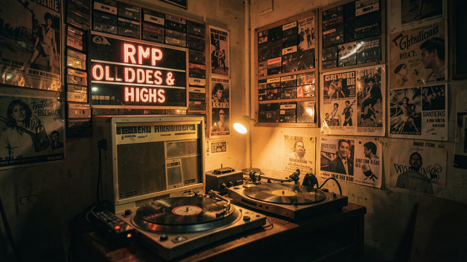 A cozy retro Buenos Aires radio booth with vinyl records and a glowing RPM Oldies and Retro Hits sign