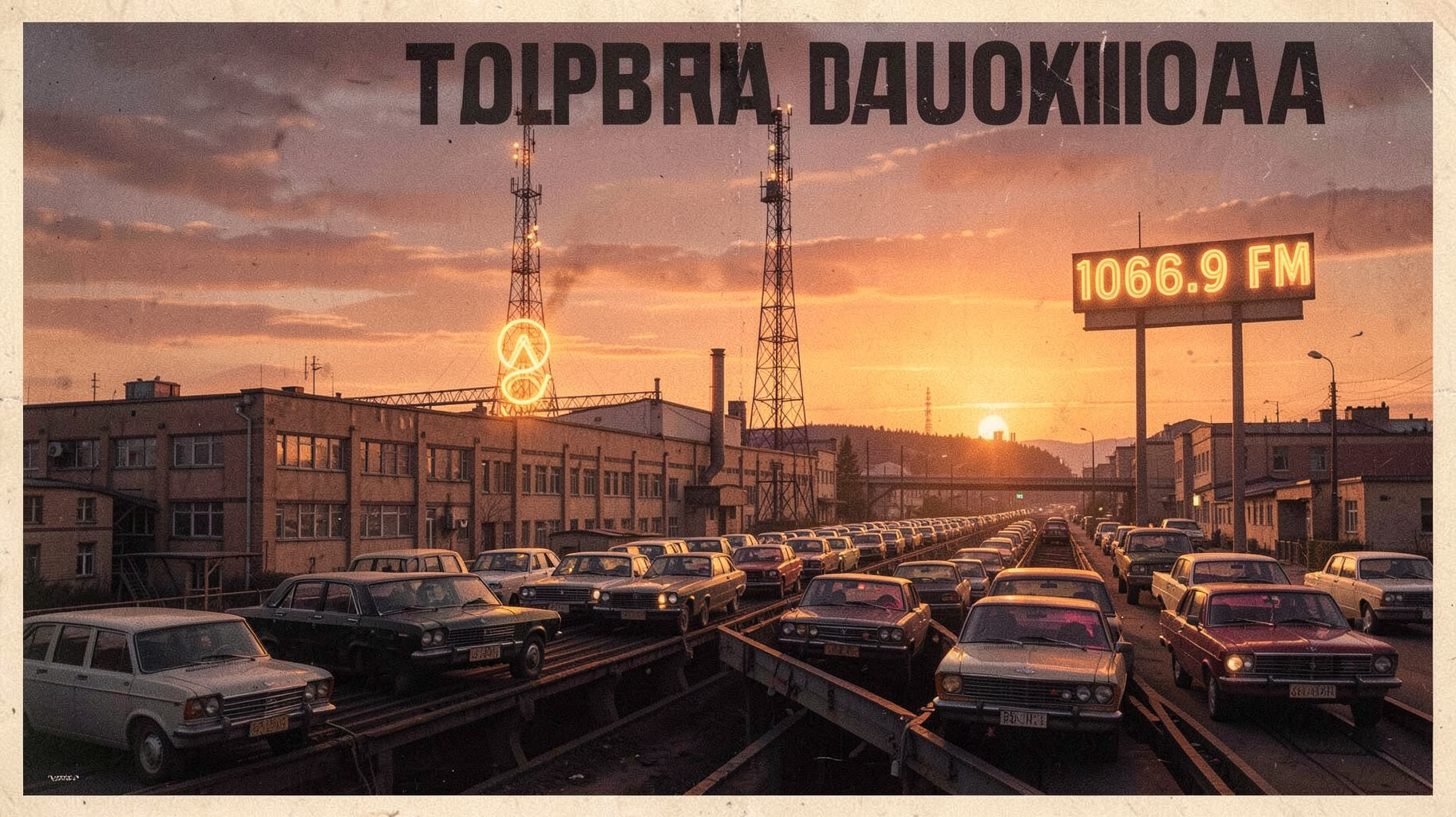 A Soviet-era car factory skyline in Tolyatti at dusk with a glowing radio tower reading 106.9 FM