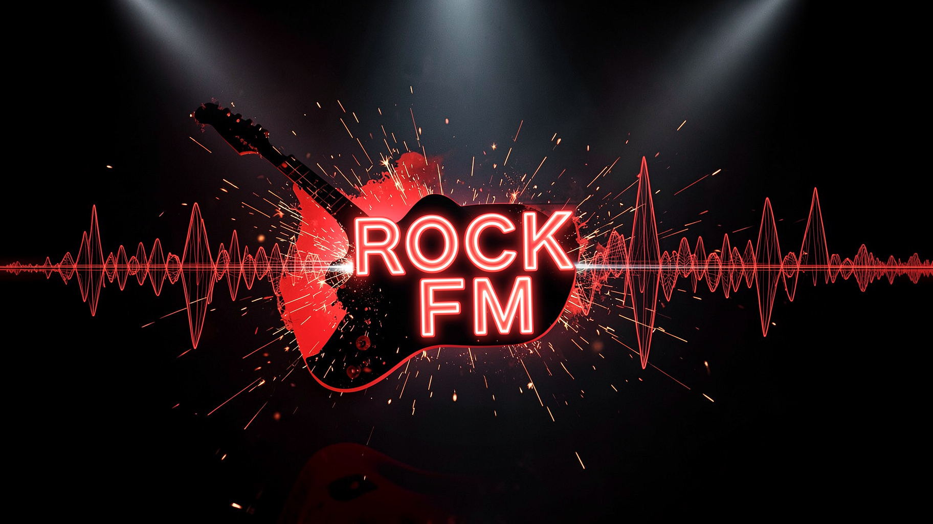Abstract rock music visualization with ROCK FM neon sign