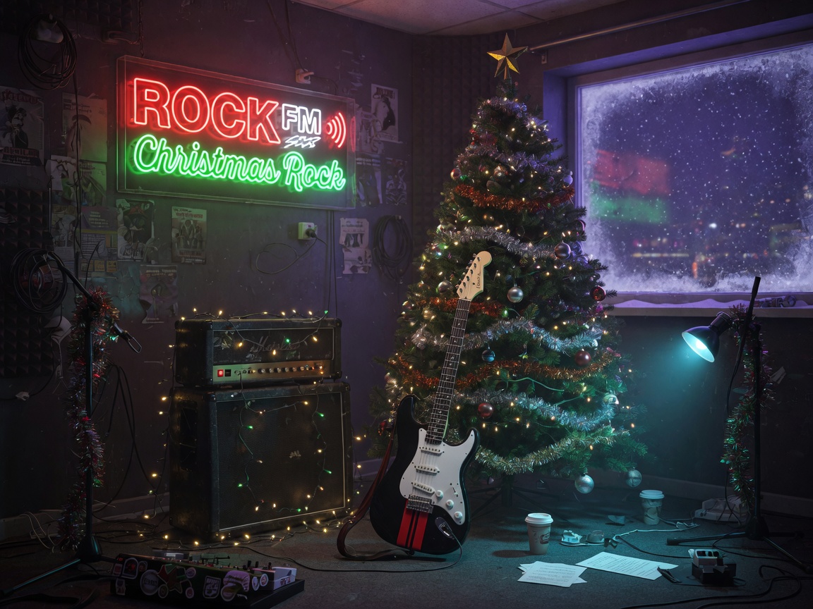An electric guitar beside a decorated Christmas tree in a studio with a neon sign reading ROCK FM Christmas Rock, inspired by ROCK FM Christmas Rock