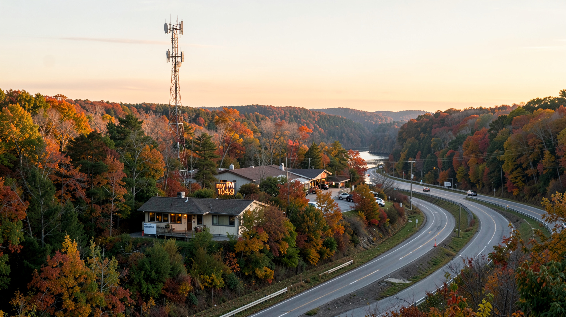A radio tower above autumn forest in the Ottawa Valley with a myFM 104.9 studio sign