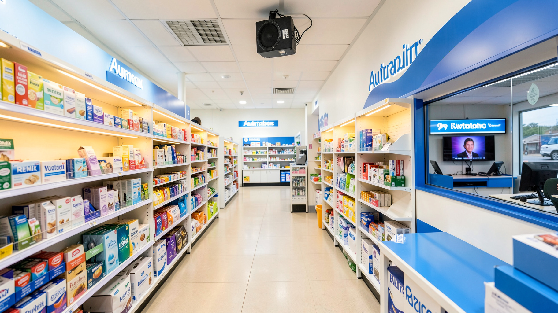 A modern Australian pharmacy superstore aisle with a ceiling speaker and a small radio studio booth visible in the background