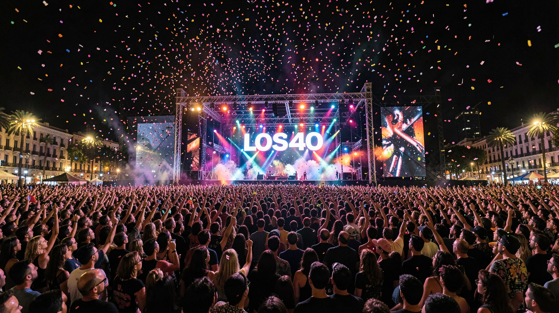 A massive outdoor pop concert crowd in Madrid under a LOS40 stage sign