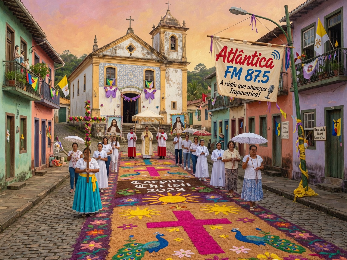 A Corpus Christi sawdust carpet procession through the streets of Itapecerica da Serra, representing Radio Atlantica FM 87.5