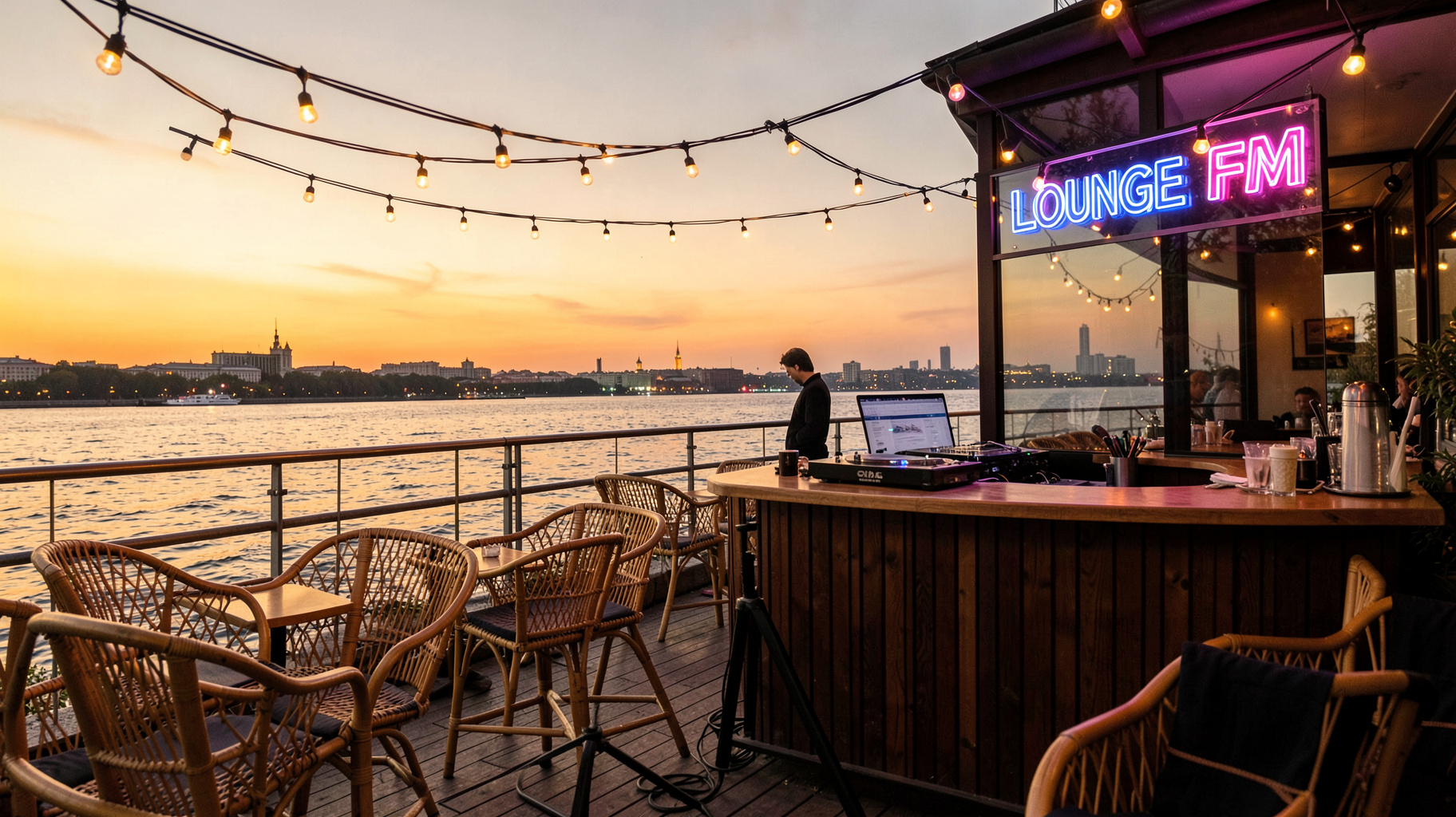 A lounge bar terrace overlooking the Kyiv skyline at sunset with a glowing Lounge FM sign