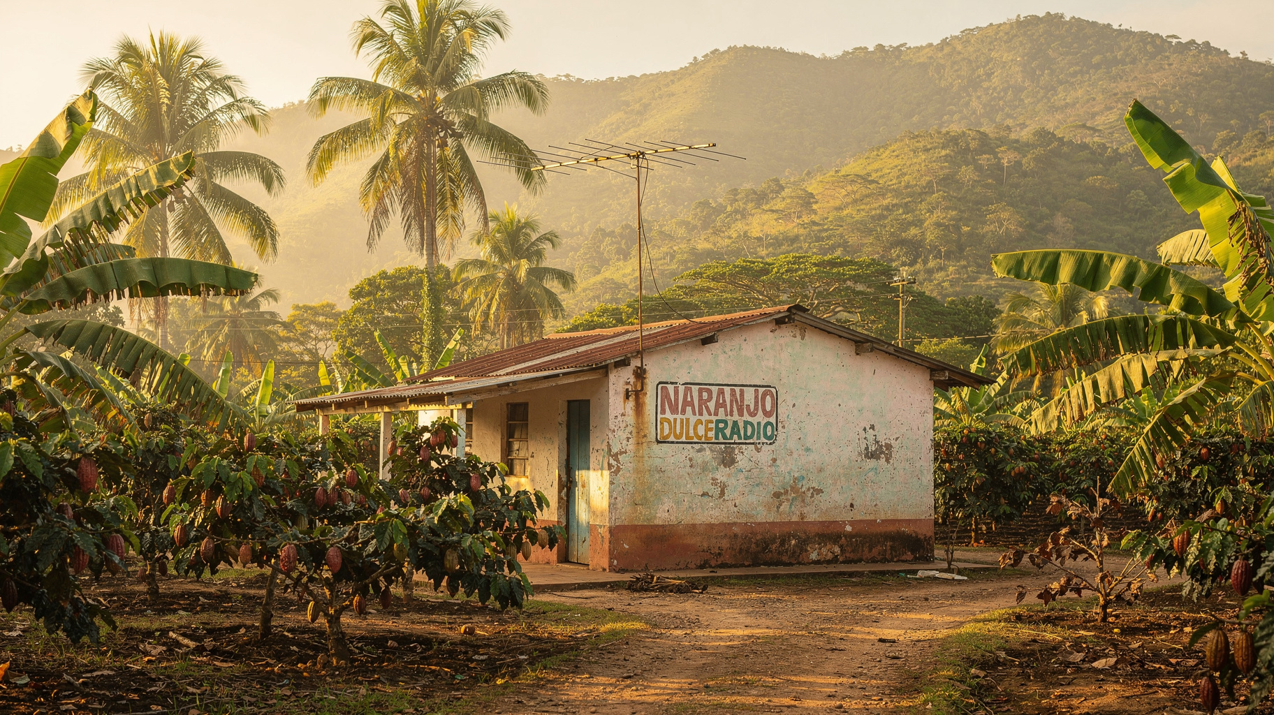 A small rural radio station house among cacao and coffee plantations in the Dominican Republic with a sign reading Naranjo Dulce Radio, inspired by Naranjo Dulce Radio
