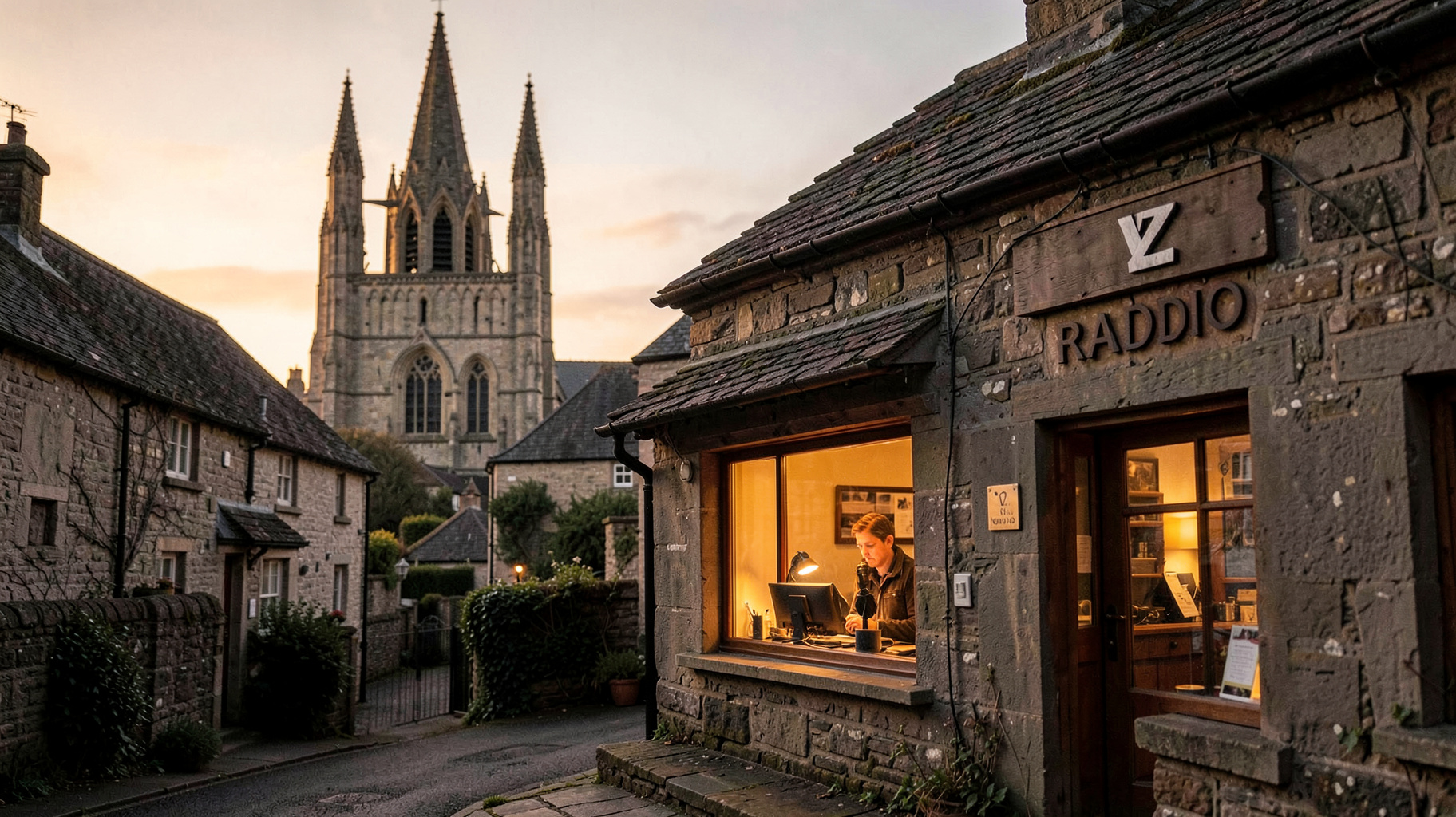 Coastal West Sussex town at golden hour with a small V2 Radio studio and Chichester Cathedral spire