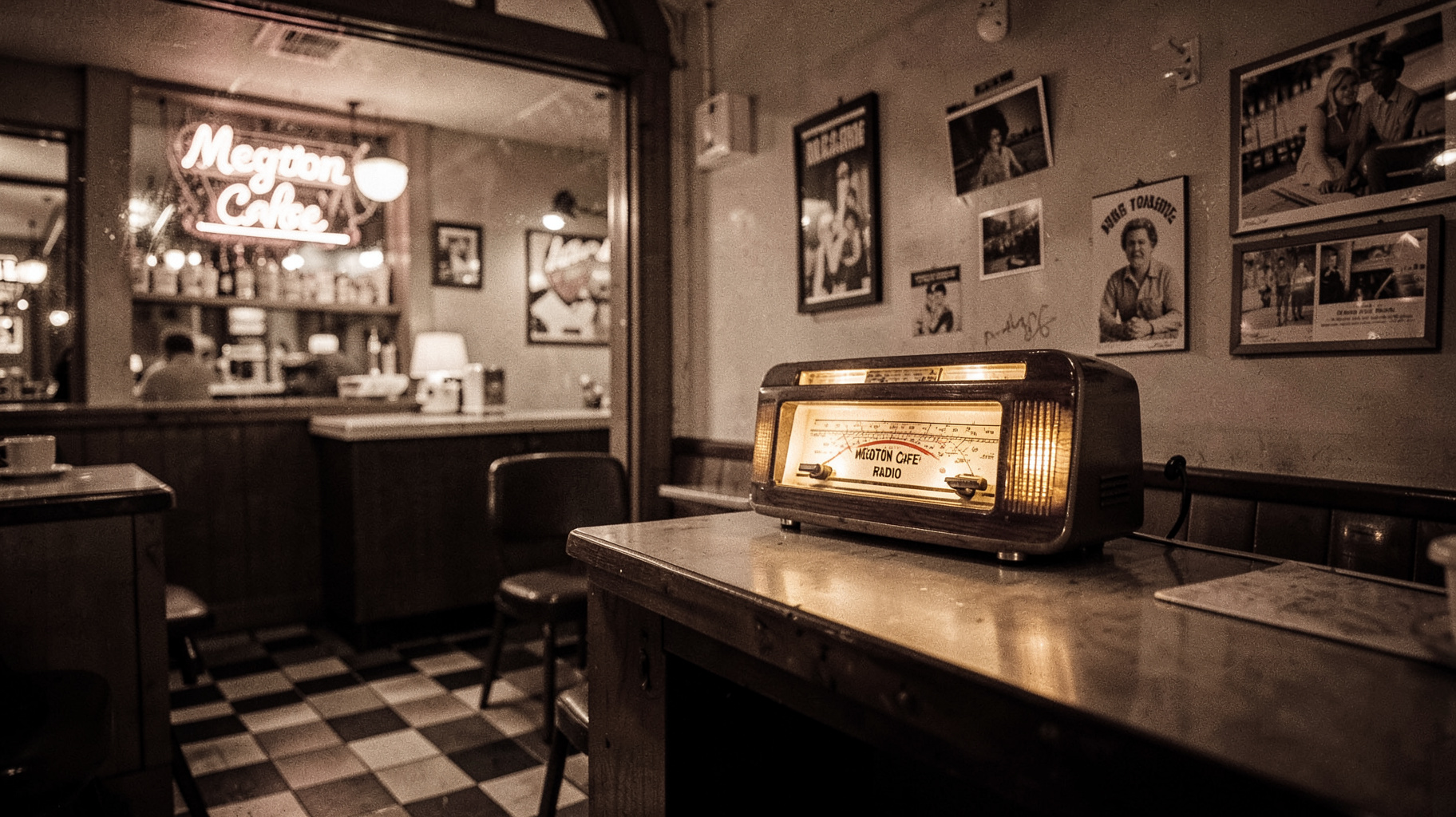 A cozy 1940s American diner interior with a vintage tube radio glowing on the counter reading Megaton Cafe Radio