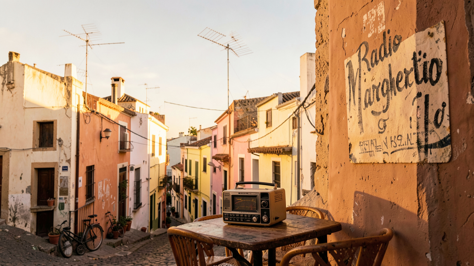 A sunlit Palermo street scene with a vintage radio and a hand-painted Radio Margherita sign