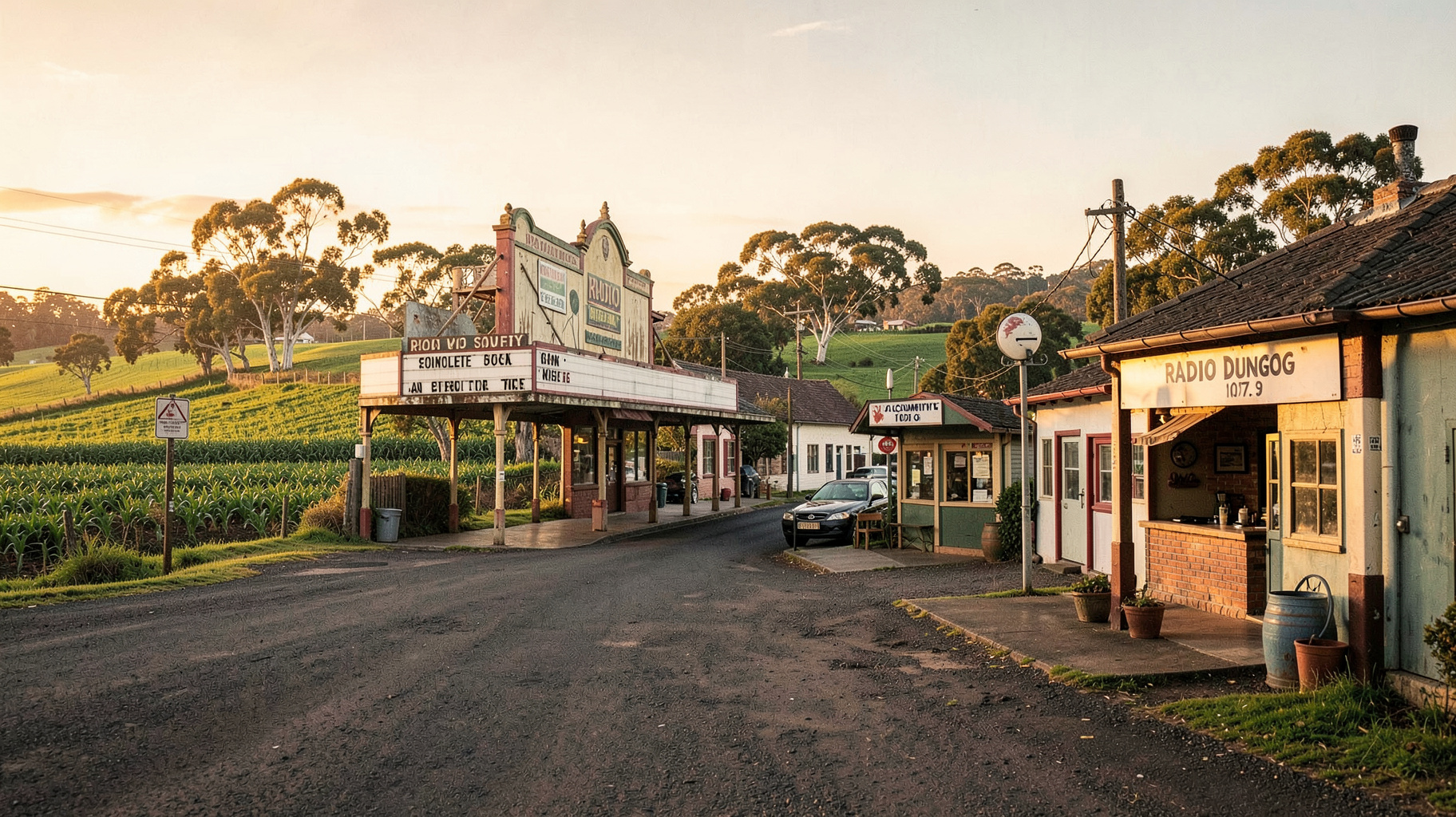 A charming rural Australian country town at golden hour with a sign reading Radio Dungog 107.9