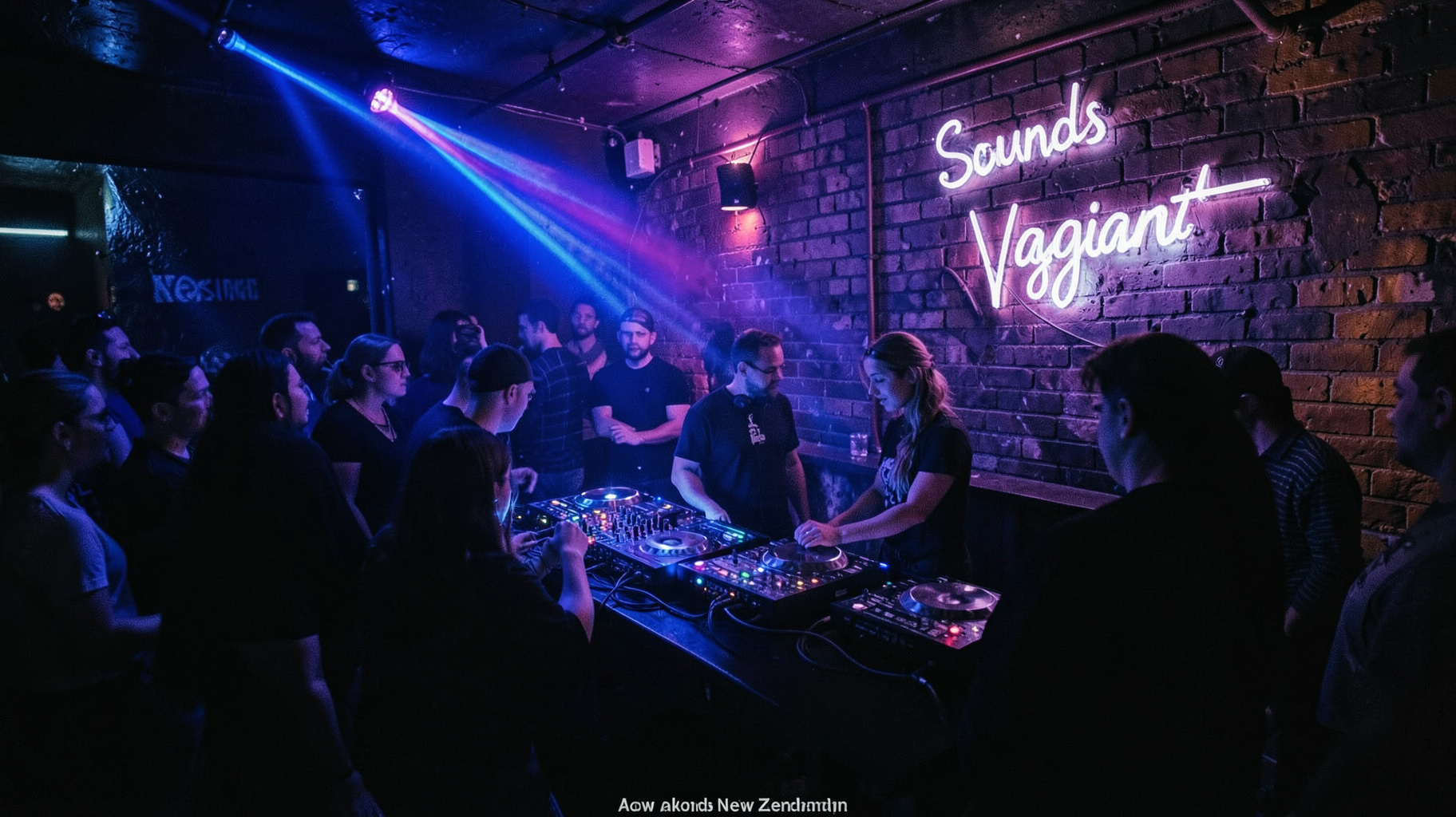 An intimate underground electronic club in Auckland with a neon sign reading Sounds Vagrant