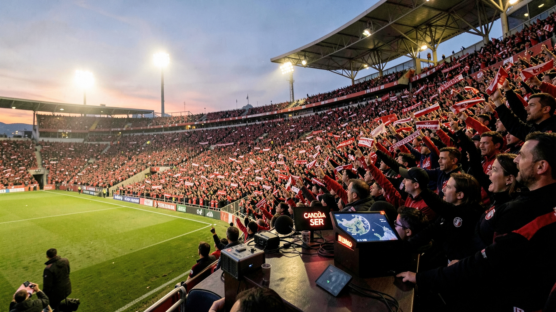 A packed football stadium terrace in Bilbao with a radio commentary booth overlooking the pitch and a sign reading Cadena SER Bilbao