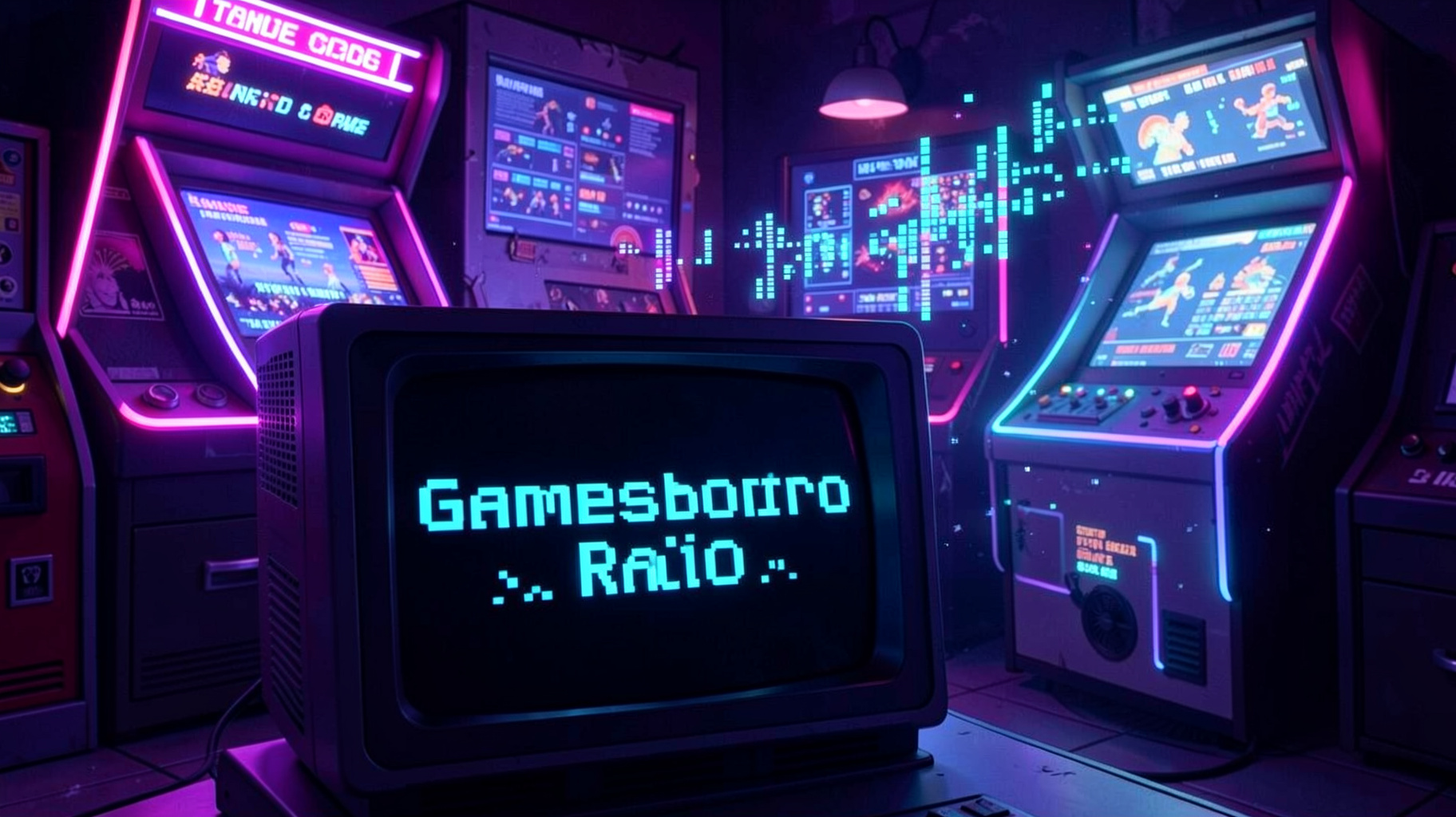 A neon-lit retro arcade with a CRT screen displaying pixel art text reading Gamesboro Radio