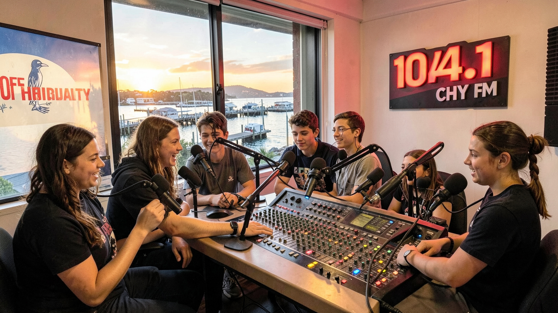A youth radio studio in Coffs Harbour with volunteers at microphones and a wall logo reading 104.1 CHY FM