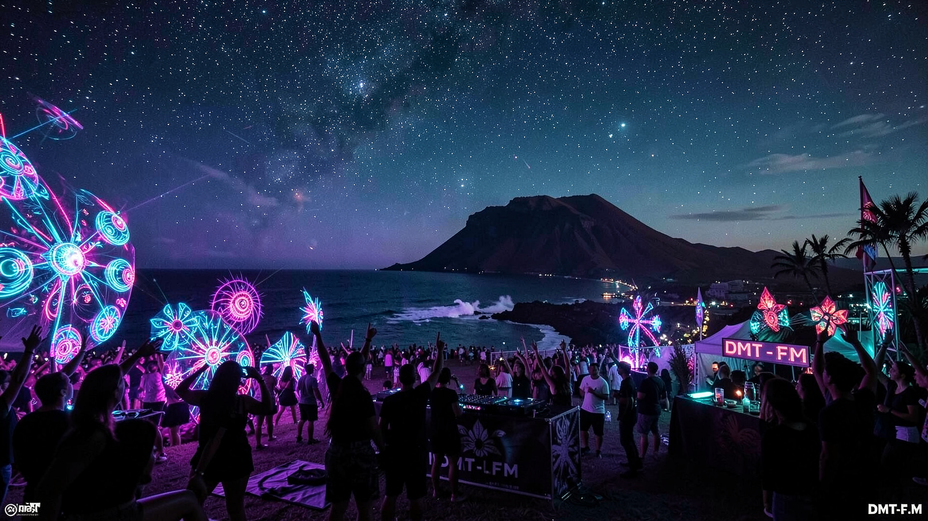 A psytrance festival at night on the Tenerife coastline with UV art and a DMT-FM banner